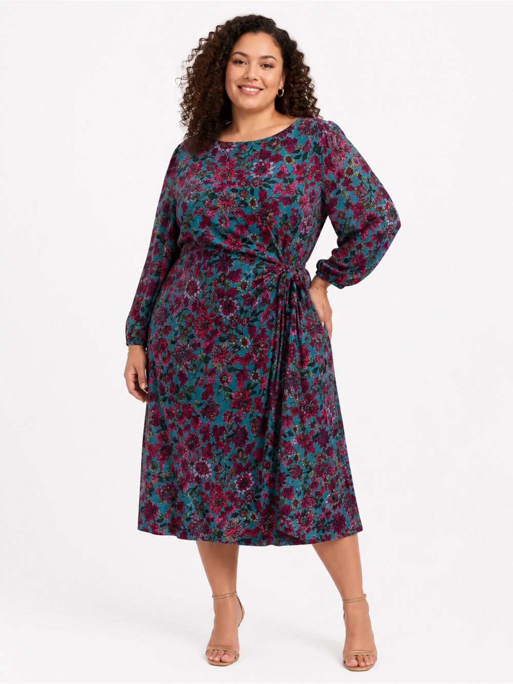 Talbots 16W Teal Floral Side Tie Waist Midi Dress Feminine Flowy Wedding Party